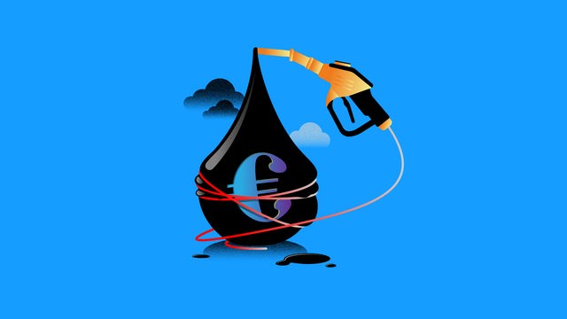 Ein schwarzer Tropfen Erdöl auf blauem Grund. Auf dem Tropfen ein Euro-Symbol. Der Tropfen wird von einem Tankschlauch umwickelt. Ein schwarzer Tropfen Erdöl auf blauem Grund. Auf dem Tropfen ein Euro-Symbol. Der Tropfen wird von einem Tankschlauch umwickelt.