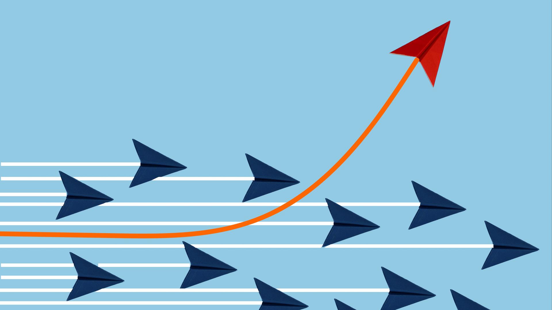 Illustration mehrerer blauer Pfeile, die sich von links nach rechts bewegen. Einer, mit roten Pfeilspitze, verlässt den Pfad und bewegt sich nach oben.