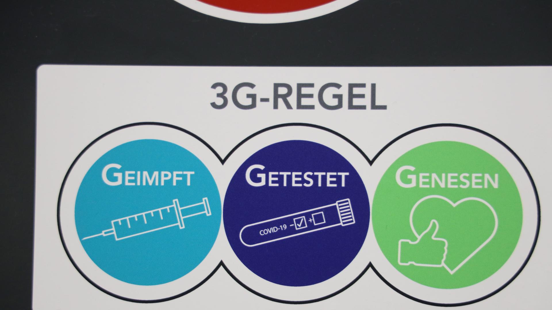 Ein Schild macht deutlich, was Ende 2021 unter 3G-Regeln zu verstehen war: Geimpft wird mit einem Bild von einer Spritze illustriert, Getestet mit dem eines Corona-Tests und Genesen mit einem Daumen-Hoch-Zeichen und einem Herz. 