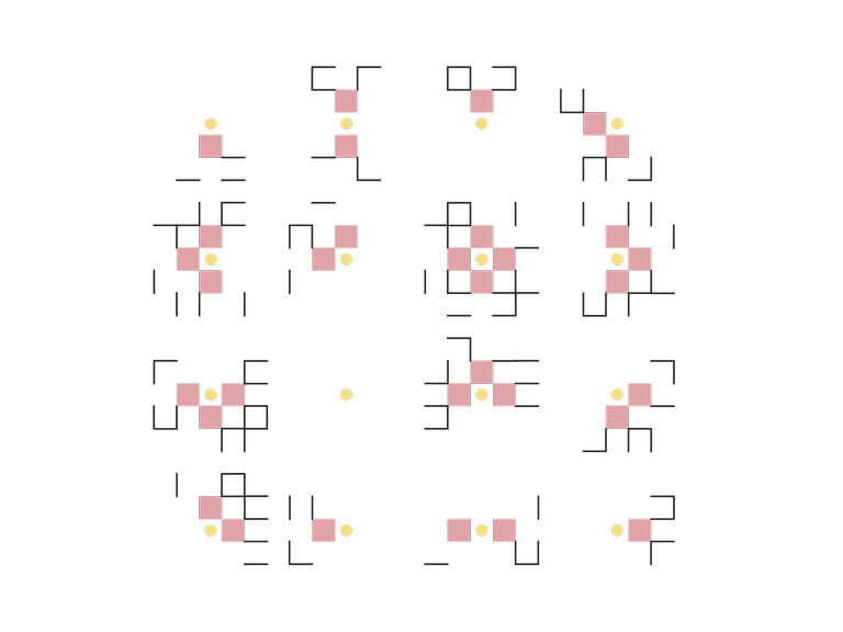Eine geometrisch abstrakte Anordnung von 16 grafischen Feldern (mit systematischen Auslassungen), die Blütenblätter andeuten