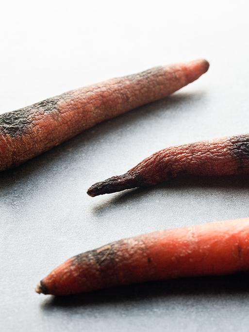 Mehrere vergammelte Karotten liegen auf einem Tisch.