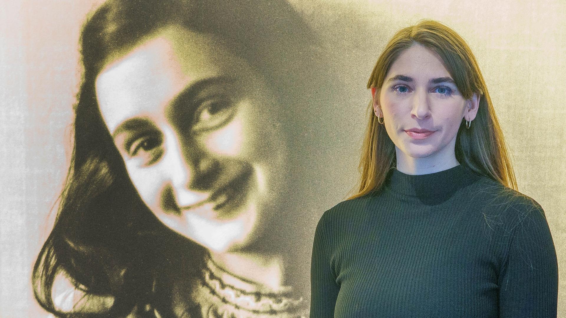Deborah Schnabel, Direktorin der Bildungsstätte Anne Frank, steht vor einem Porträt von Anne Frank in der Bildungsstätte in Frankfurt am Main.