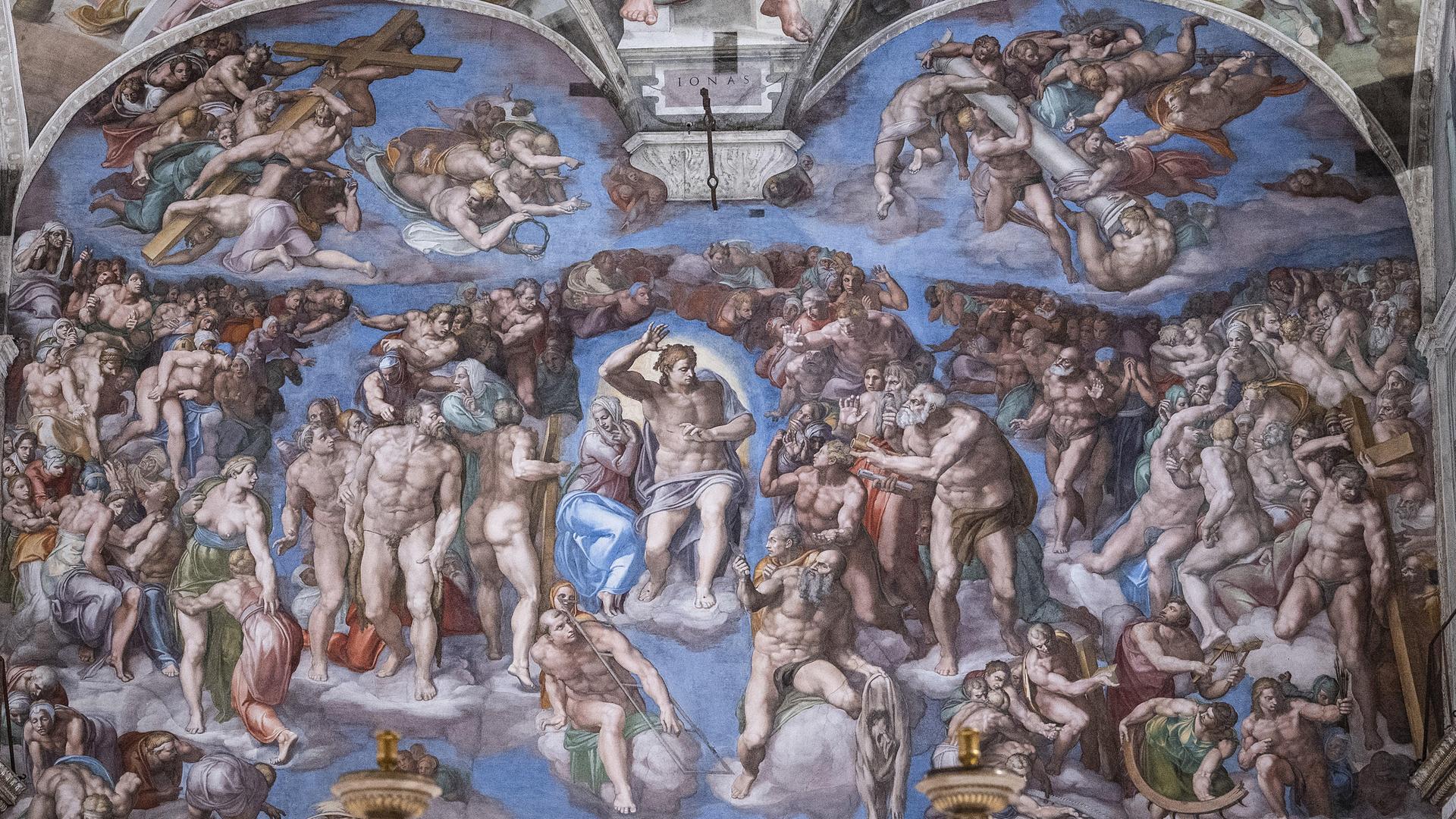 Das Jüngste Gericht, Detail des Deckengemäldes von Michelangelo, am 28. Juni 2021 in der Sixtinischen Kapelle im Vatikan.