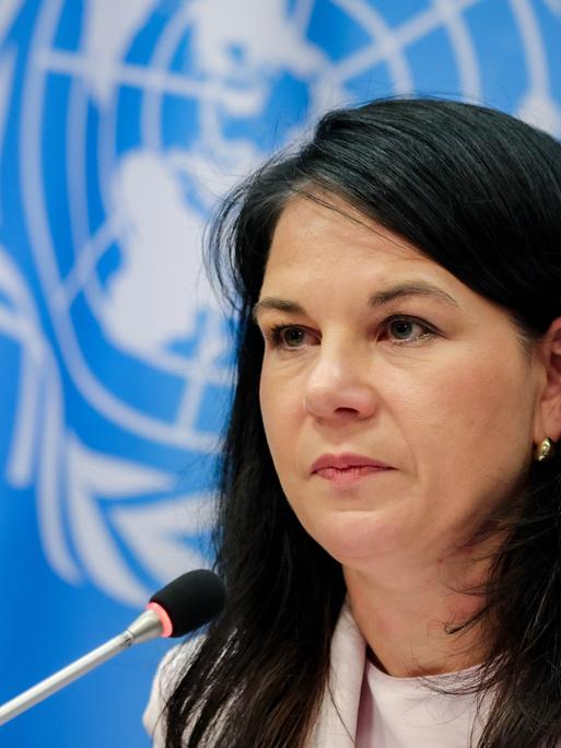 Annalena Baerbock, Präsidentin der 80. UN-Generalversammlung, sitzt vor einem Mikrofon. Im Hintergrund hängt die Flagge der Vereinten Nationen.