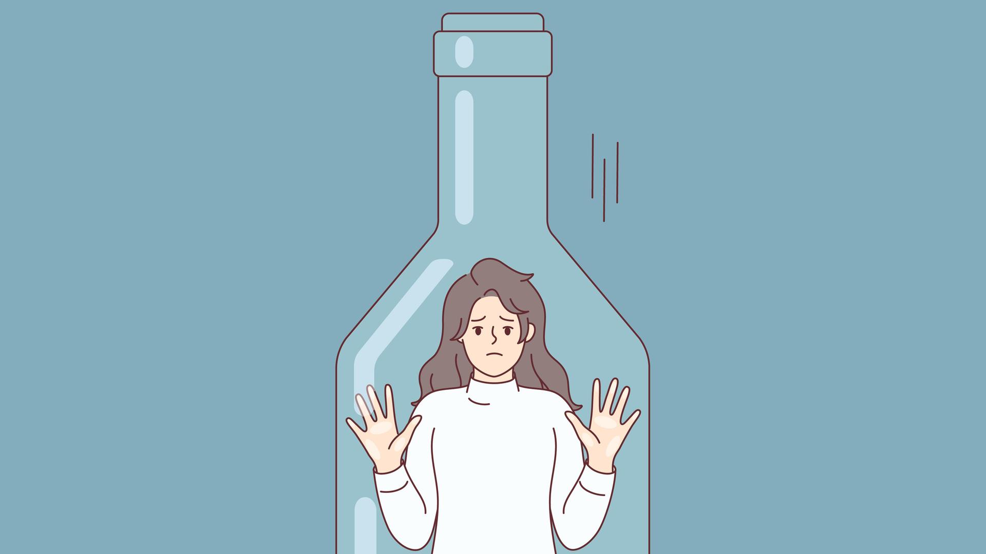 Illustration einer Frau, die in einer leeren Flasche gefangen ist und flehentlich nach draußen schaut