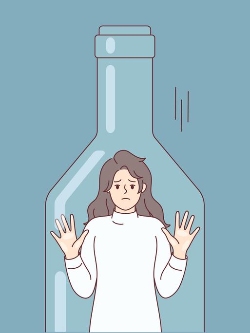 Illustration einer Frau, die in einer leeren Flasche gefangen ist und flehentlich nach draußen schaut