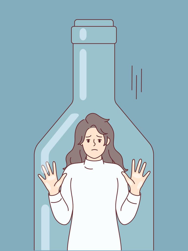 Illustration einer Frau, die in einer leeren Flasche gefangen ist und flehentlich nach draußen schaut