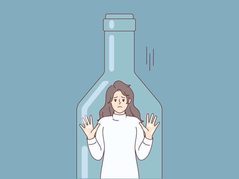 Illustration einer Frau, die in einer leeren Flasche gefangen ist und flehentlich nach draußen schaut