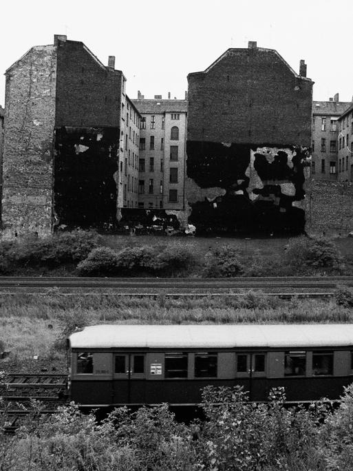 Eine S-Bahn fährt an Häusern vorbei. Es sind alte Häuser im damaligen Ostberlin.