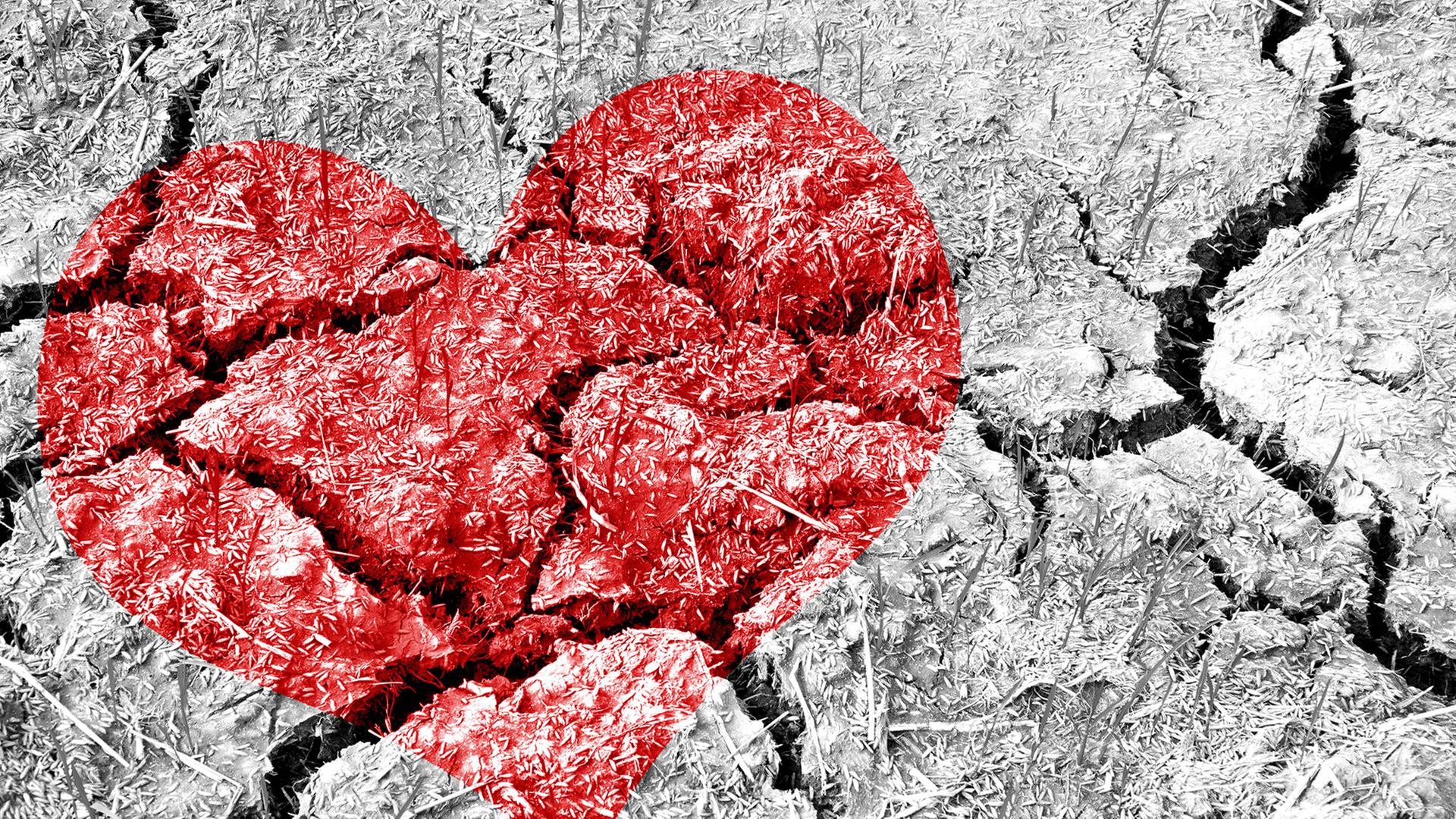 Ein rotes Herz ist auf einer rissigen Erdunterlage gemalt. 