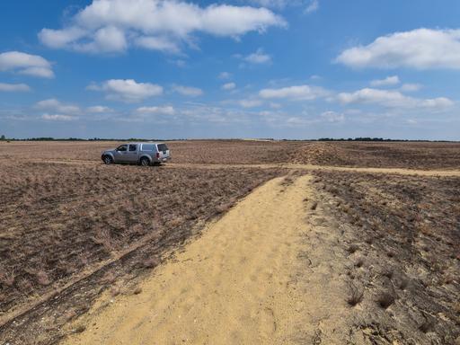 Ein Jeep fährt über offene Sandflächen in der Lieberoser Heide 