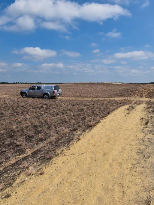 Ein Jeep fährt über offene Sandflächen in der Lieberoser Heide 