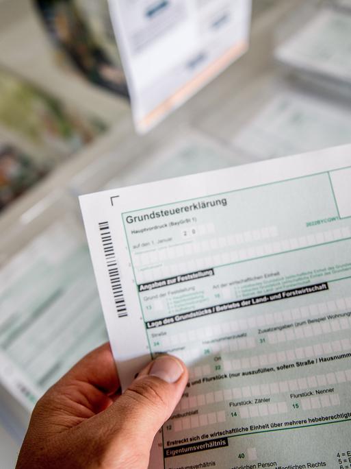 Nahaufnahme einer Person, die ein Formular in der Hand hält. Im Hintergrund unscharf ist ein Schreibtisch zu sehen, auf dem weitere Formulare liegen.