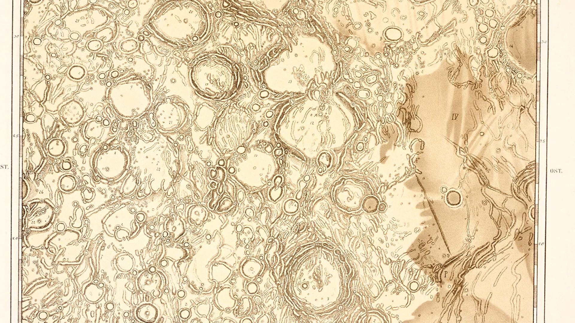 Eine Mondkarte von Johann Friedrich Julius Schmidt zeigt den Bereich um die Lange Wand (Rupes Recta) auf dem Mond. Eine Mondkarte von Johann Friedrich Julius Schmidt zeigt den Bereich um die Lange Wand (Rupes Recta) auf dem Mond.