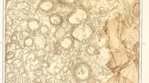 Eine Mondkarte von Johann Friedrich Julius Schmidt zeigt den Bereich um die Lange Wand (Rupes Recta) auf dem Mond.