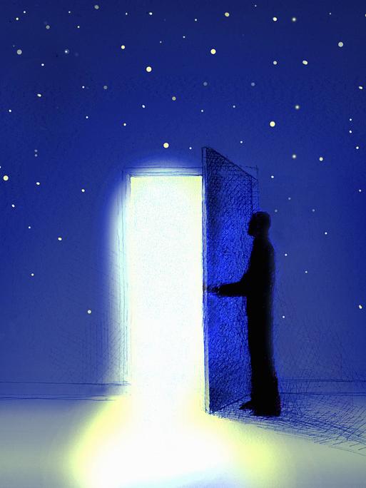 Illustration: Ein Mann öffnet eine nächtliche Tür zum Licht.