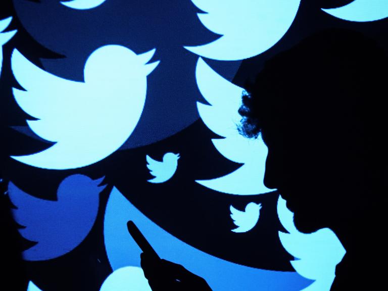 In einer Fotoillustration wird das Vogel-Logo des sozialen Netzwerks Twitter in unterschiedlichen Größen und Farben auf die Silhouette eines Mannes mit Handy in der Hand projiziert.