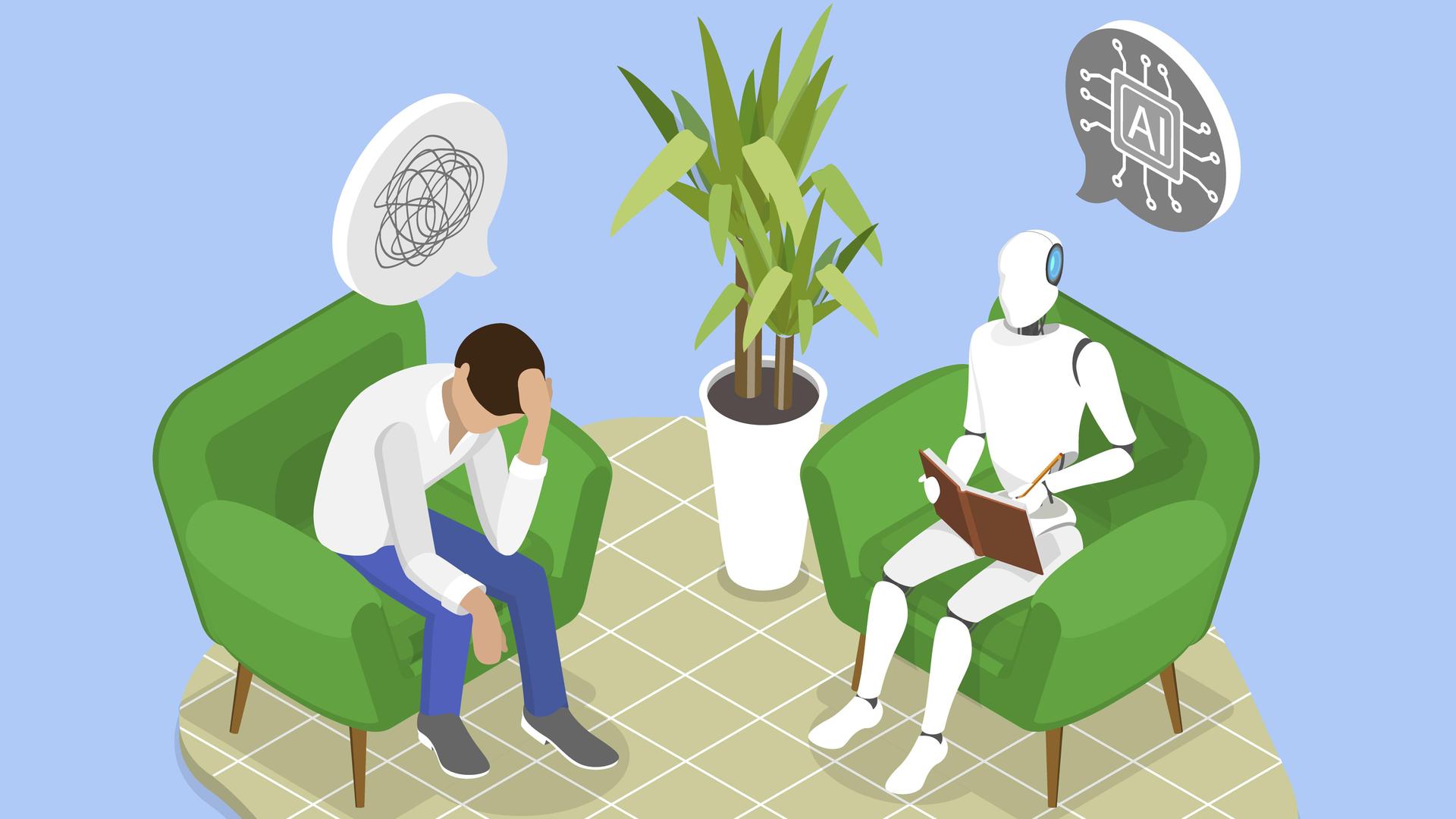 Illustration: ein Mann mit Problemen sitzt in einer therapeutischen Situation einem Roboter gegenüber.
