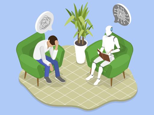 Illustration: ein Mann mit Problemen sitzt in einer therapeutischen Situation einem Roboter gegenüber.