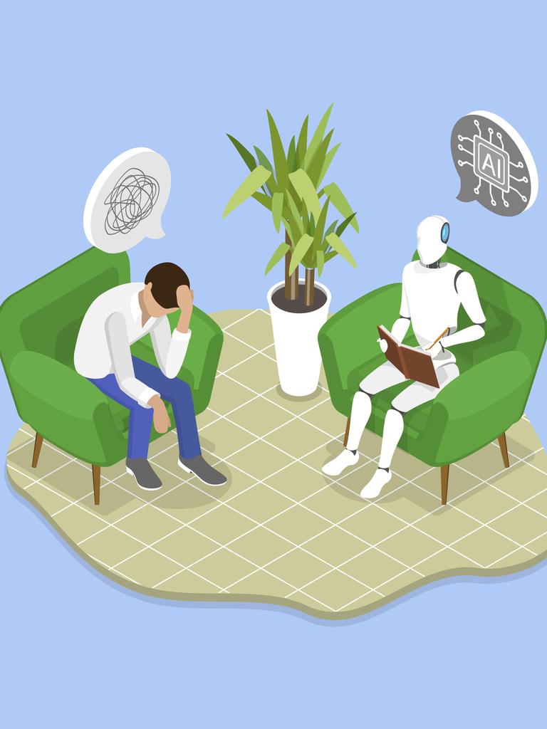 Illustration: ein Mann mit Problemen sitzt in einer therapeutischen Situation einem Roboter gegenüber.