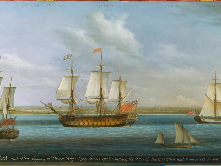 Das Gemälde von 1758 zeigt das britische Schiff Royal William und andere Segelschiffe in Peconic Bay, Long Island, Nordamerika. Das Gemälde von 1758 zeigt das britische Schiff Royal William und andere Segelschiffe in Peconic Bay, Long Island, Nordamerika.