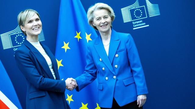 Die isländische Ministerpräsidentin Kristrun Frostadottir und EU-Kommissionschefin Ursula von der Leyen geben sich vor den Fahnen Islands und der EU die Hand