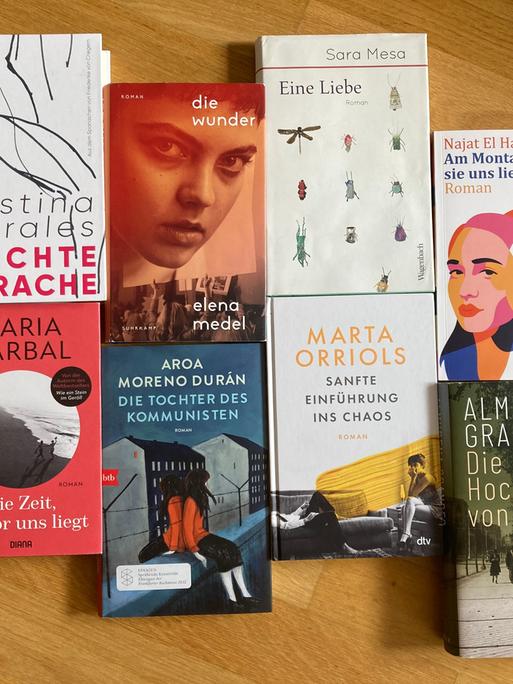 Die Bücher "Leichte Sprache" (oben, l-r) von Cristina Morales, "Die Wunder" von Elena Medel, "Eine Liebe" von Sara Mesa, "Am Montag werden sie uns lieben" von Najat El Hachmi, sowie "Die Zeit, die vor uns liegt" (unten, l-r) von Maria Barbal, "Die Tochter des Kommunisten" von Aroa Moreno Duran, "Sanfte Einführung ins Chaos" von Marta Orriols und "Die drei Hochzeiten von Manolita" von Almudena Grandes liegen auf einem Tisch.
