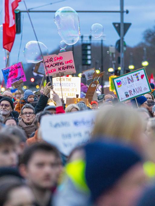 Demo Lichtermeer der Hoffnung gegen Rechtsextremismus. Viele Tausende haben sich am Brandenburger Tor versammelt, um gegen Rechts zu demonstrieren. Wir sind mächtig und auch kräftig. Bunt statt Braun. Ich will eine bunte Zukunft. FCK AFD.