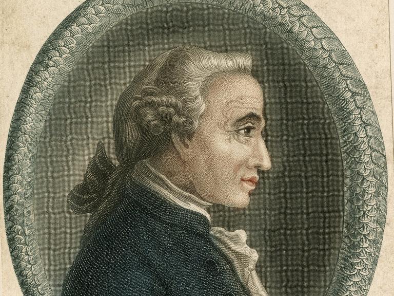 Ein Mann mit strengem Blick ist im Profil abgebildet. Er trägt eine graue Perücke. Es ist der Philosoph Immanuel Kant. Das Bild ist eine historisch, digital restaurierte Reproduktion einer Vorlage aus dem 19. Jahrhundert.