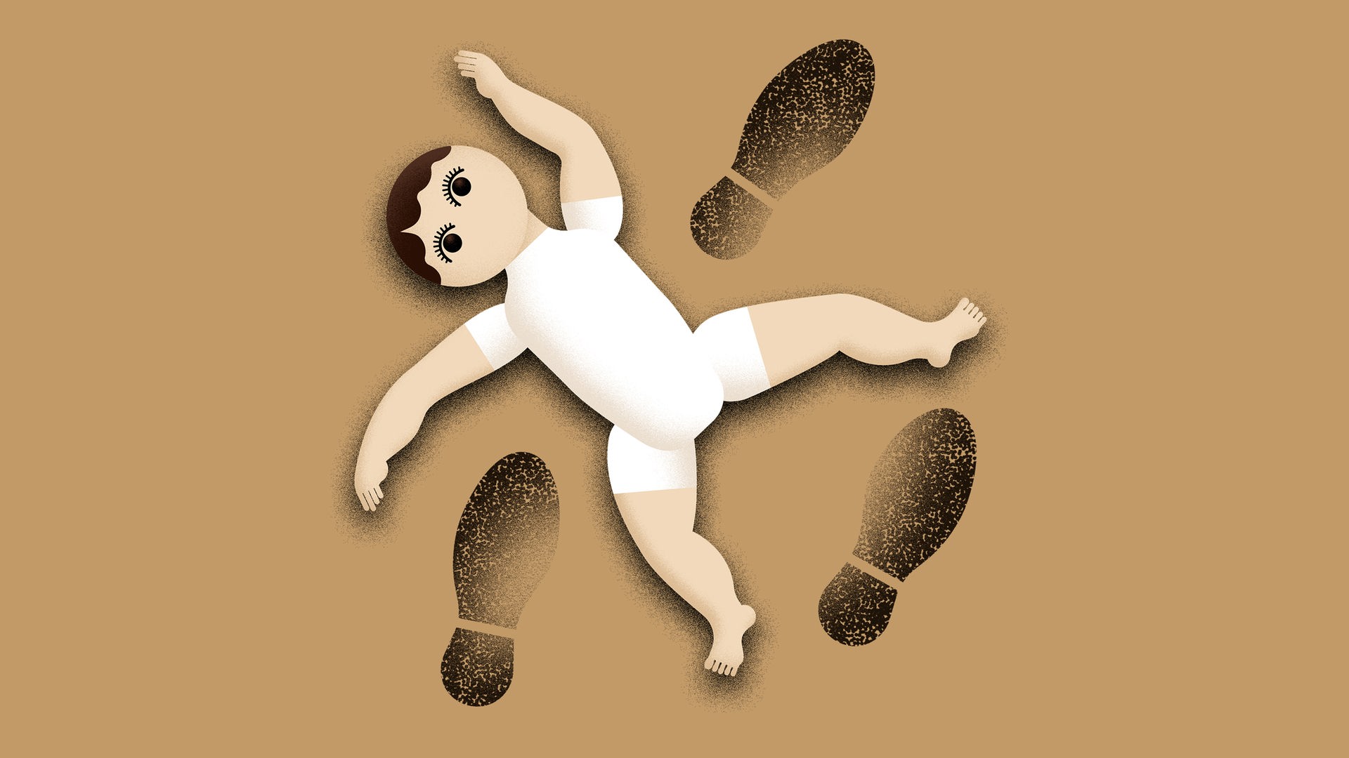 Abstrakte Zeichnung einer auf dem Boden liegenden Puppe, umgeben von schwarzen Stifelabdrücken, vor braunem Hintergrund