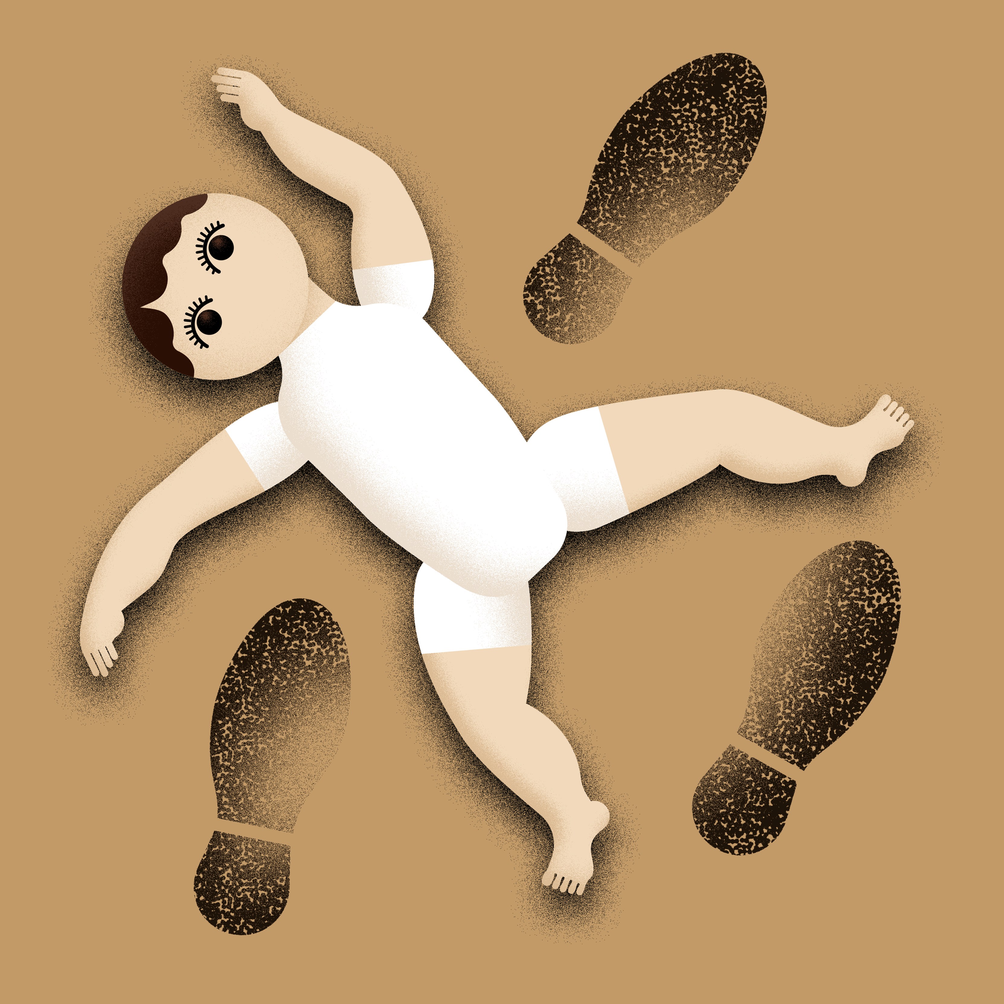 Abstrakte Zeichnung einer auf dem Boden liegenden Puppe, umgeben von schwarzen Stifelabdrücken, vor braunem Hintergrund