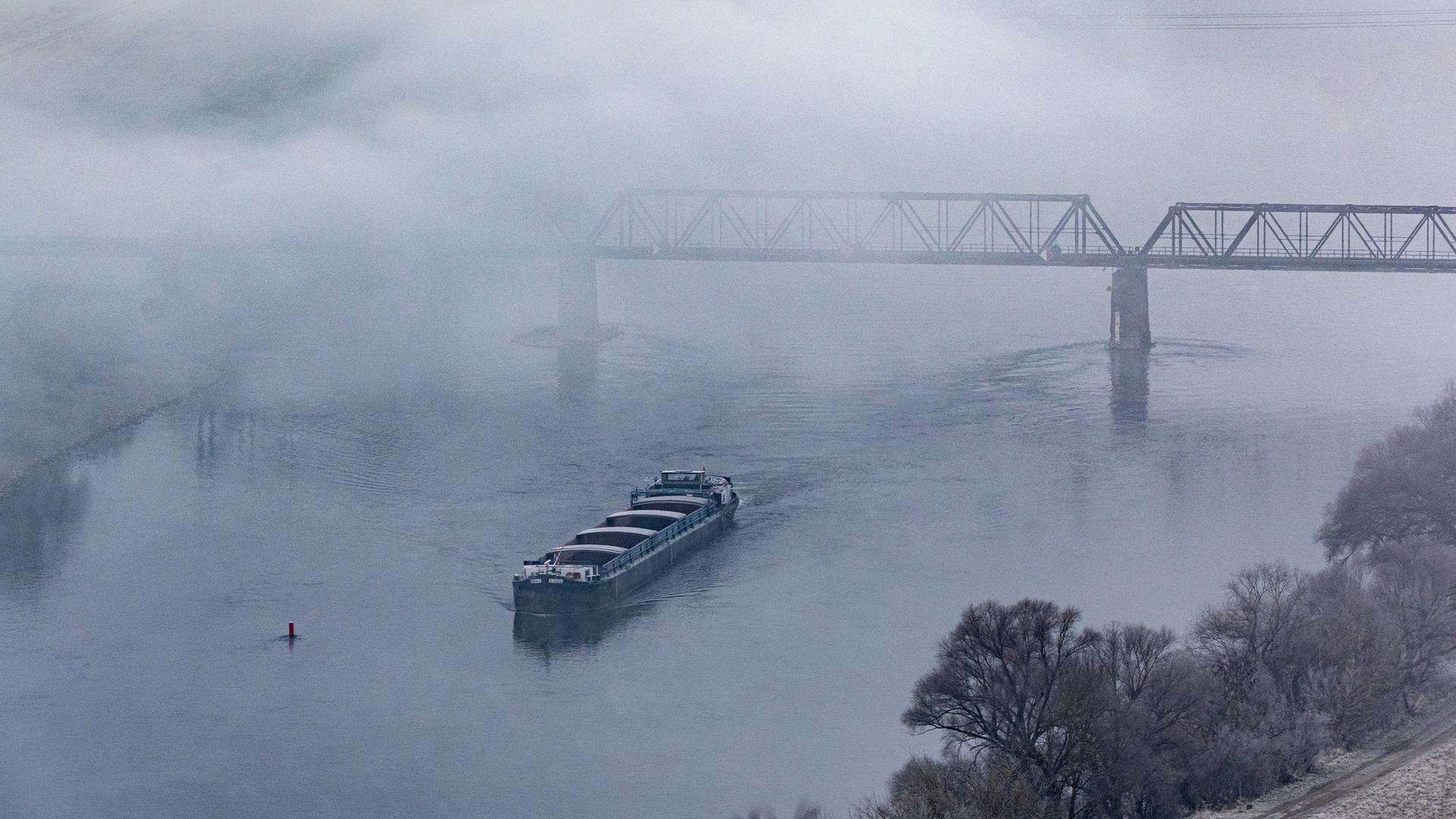 Ein Frachtschiff fährt im Morgennebel auf der Donau.