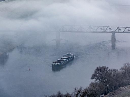 Ein Frachtschiff fährt im Morgennebel auf der Donau.