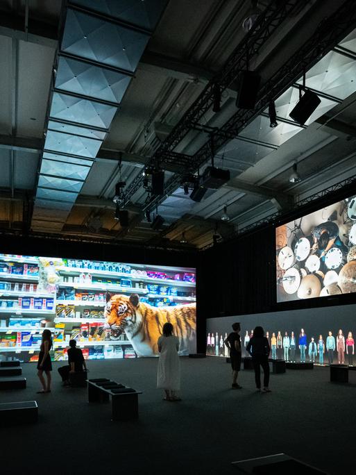 In einer Halle werden Bilder auf fünf Bildschirme projiziert. Das Zentralste zeigt einen Tiger vor einem Supermarktregal. Auf den seitlichen Monitoren sind ein Schlagzeuger und nebeneinander stehende Menschen in Lebensgröße zu sehen.