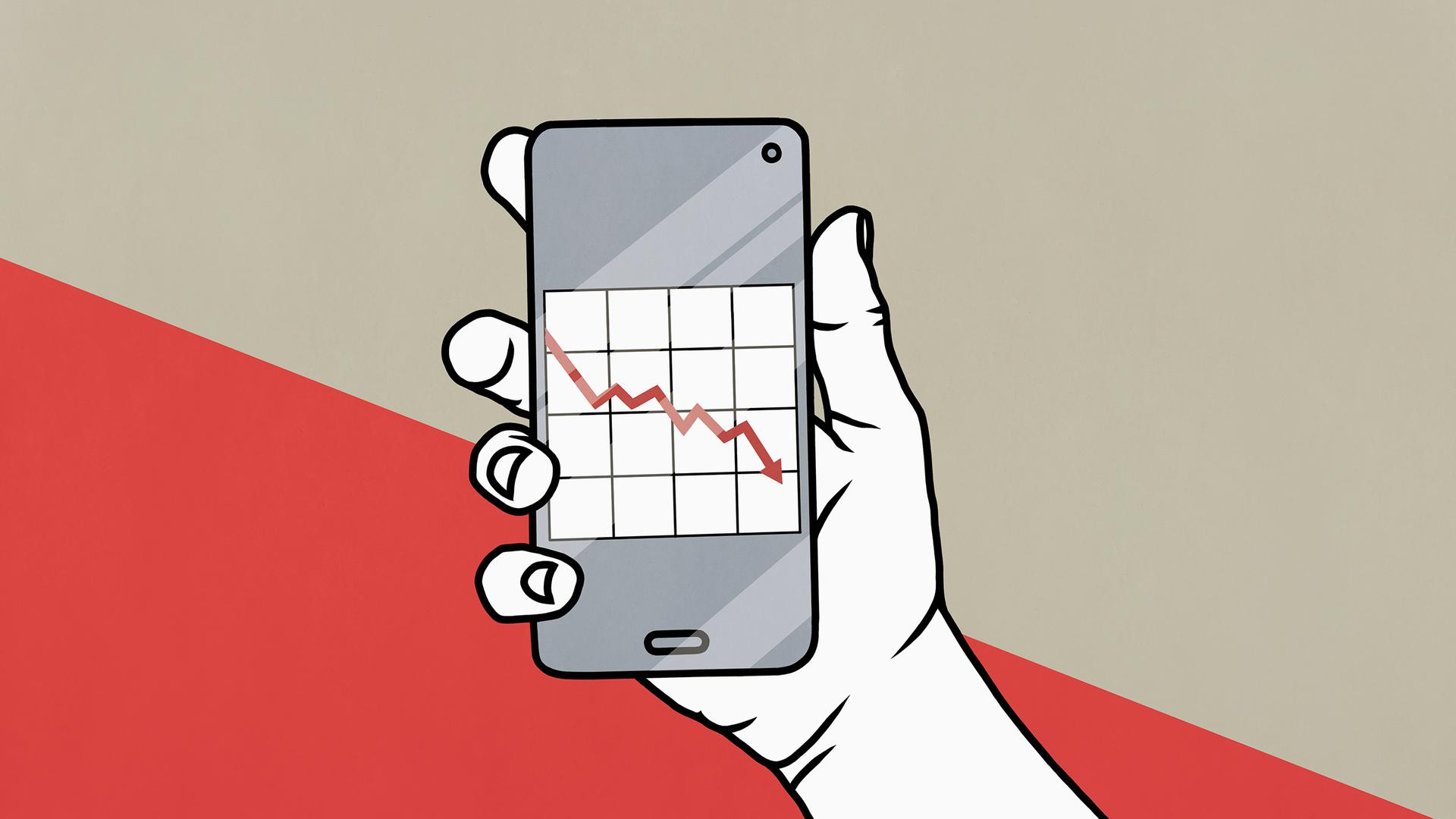 Illustration einer Hand mit einem Smartphone, auf dem Bildschirm ist ein abwärts gerichteter Kurspfeil zu sehen.