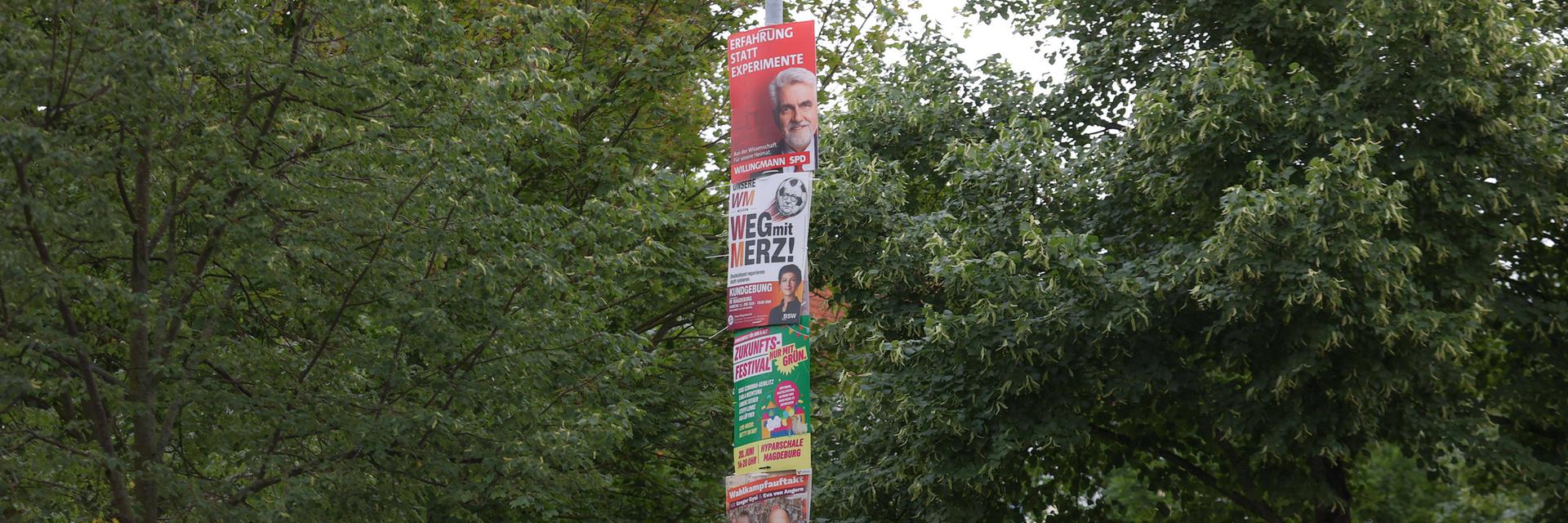 An einer Straßenlampe hängen untereinander verschiedene Wahlplakate zur Landtagswahl 2026 in Sachsen-Anhalt. An einer Straßenlampe hängen untereinander verschiedene Wahlplakate zur Landtagswahl 2026 in Sachsen-Anhalt.