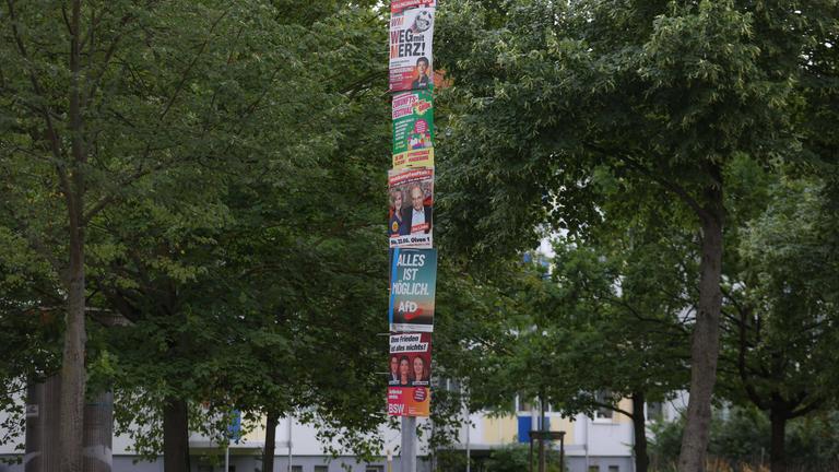 An einer Straßenlampe hängen untereinander verschiedene Wahlplakate zur Landtagswahl 2026 in Sachsen-Anhalt.