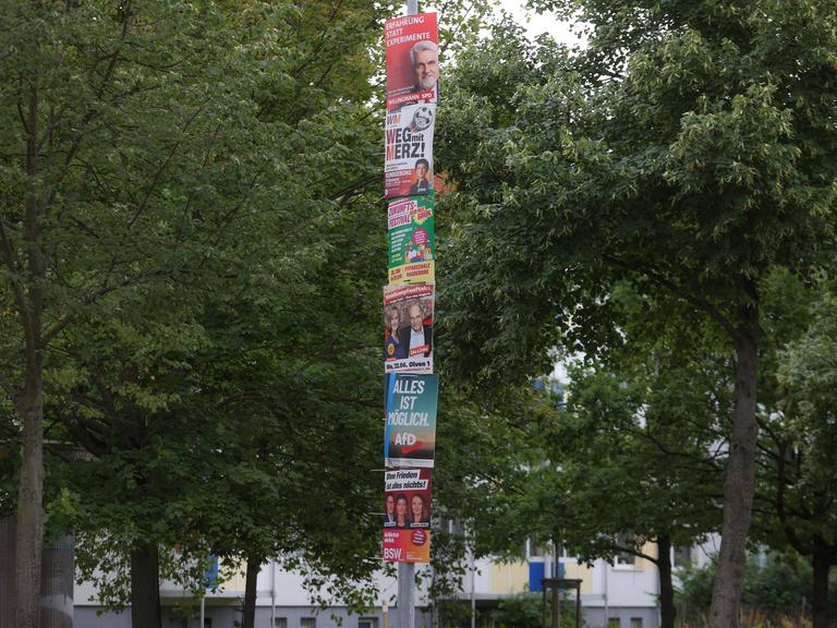 An einer Straßenlampe hängen untereinander verschiedene Wahlplakate zur Landtagswahl 2026 in Sachsen-Anhalt.