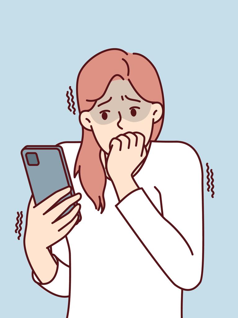 Symolbild/Zeichnung: Eine junge Frau blickt ängstlich auf ihr Smartphone.