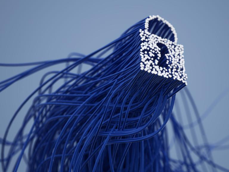 3D-Illustration eines Schlosses, das sich aus vielen blauen Strängen zusammensetzt.
