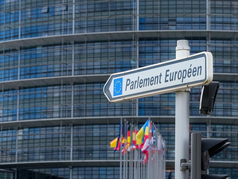 Hinter einem Wegweiser mit der Aufschrift "Parlement Européen" sind die Flaggen der Mitgliedssaaten der EU und der Sitz des EU-Parlaments in Straßburg zu sehen. 