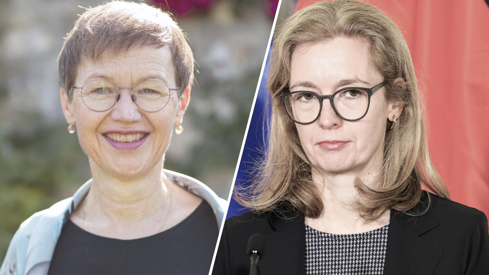 Porträt der Regierungschefin von Liechtenstein Brigitte Haas (Vaterländische Union) links. Rechts ein Porträt ihrer Stellvertreterin Sabine Monauni (FBP). Dazwischen eine weiße Linie. Porträt der Regierungschefin von Liechtenstein Brigitte Haas (Vaterländische Union) links. Rechts ein Porträt ihrer Stellvertreterin Sabine Monauni (FBP). Dazwischen eine weiße Linie.
