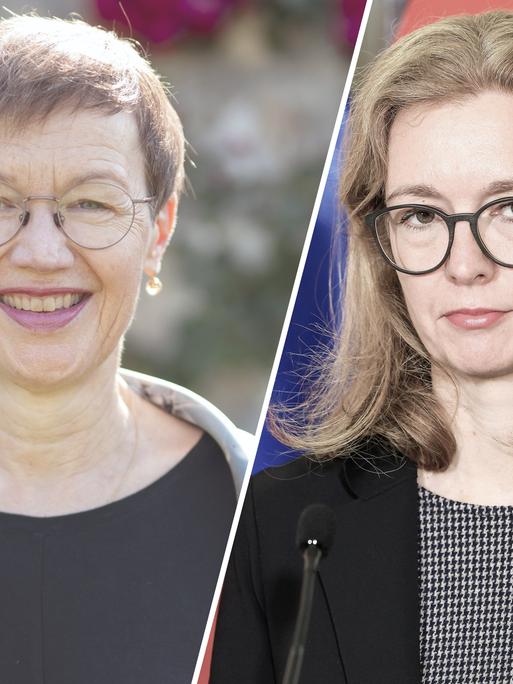Porträt der Regierungschefin von Liechtenstein Brigitte Haas (Vaterländische Union) links. Rechts ein Porträt ihrer Stellvertreterin Sabine Monauni (FBP). Dazwischen eine weiße Linie.