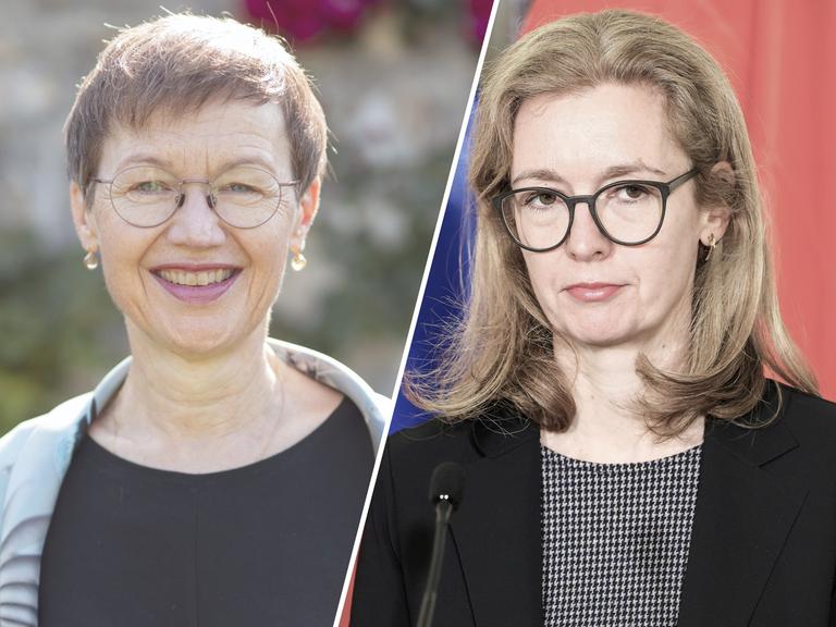 Porträt der Regierungschefin von Liechtenstein Brigitte Haas (Vaterländische Union) links. Rechts ein Porträt ihrer Stellvertreterin Sabine Monauni (FBP). Dazwischen eine weiße Linie.