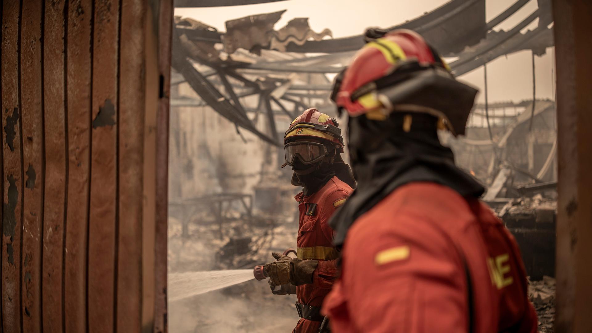 Feuerwehrleute stehen in einer verbrannten Umgebung.