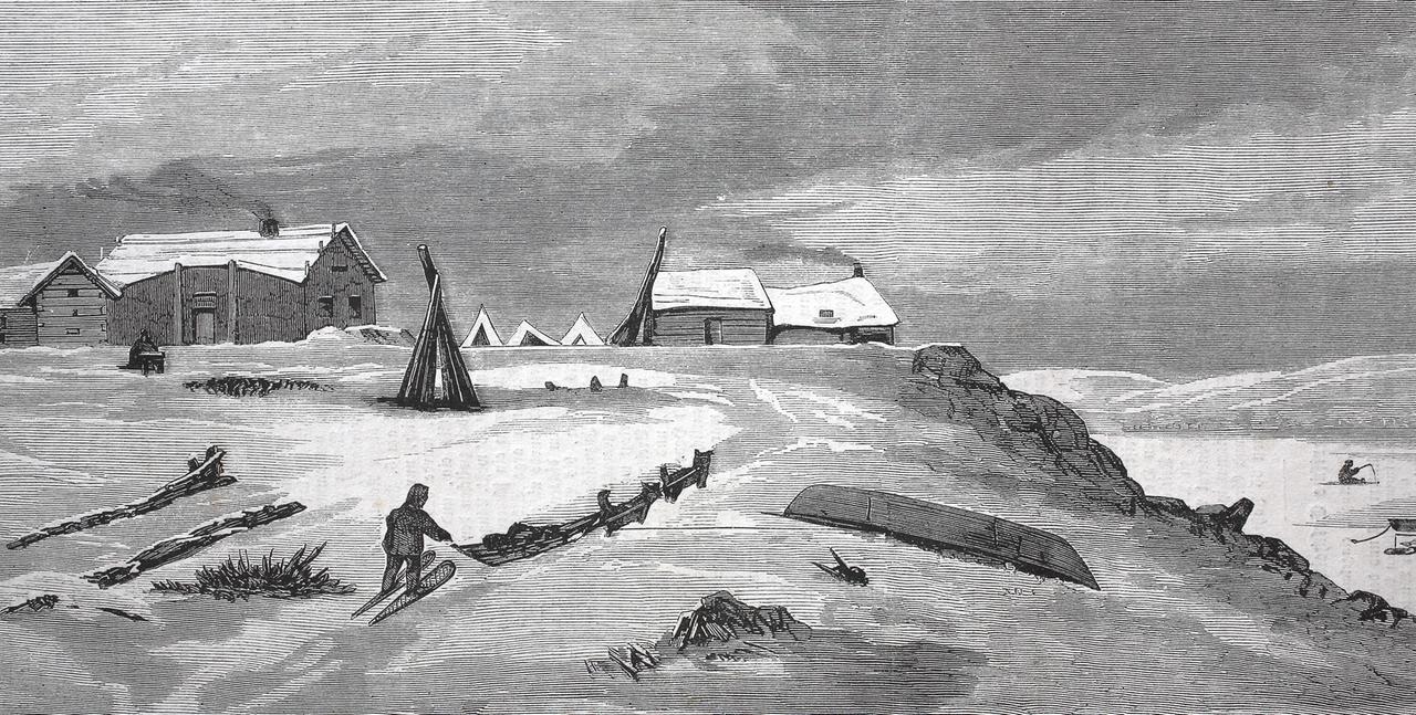 Illustration: Handelsplatz der russisch-amerikanischen Pelzwarengesellschaft am Unalakleet River in Alaska.