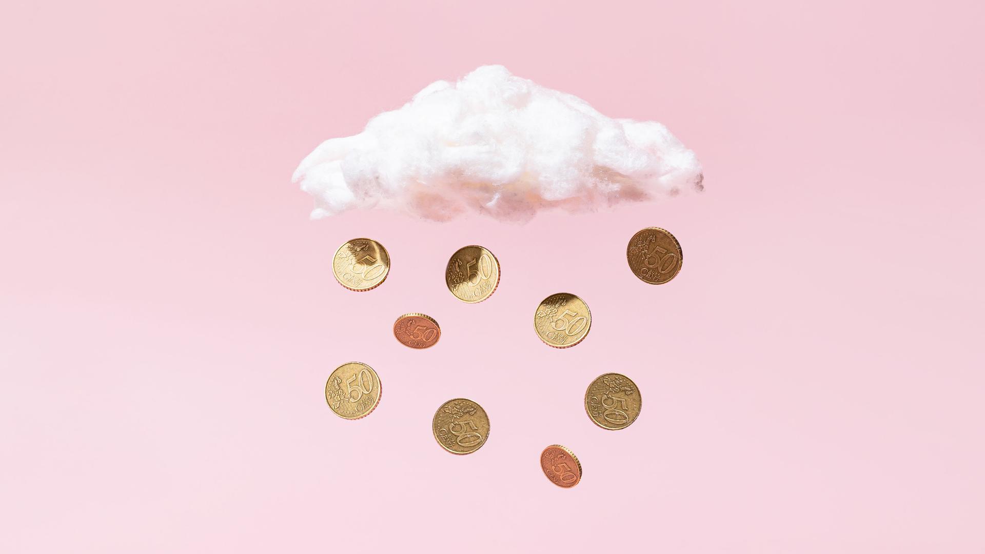 Illustration: aus eine Wolke vor rosa farbigen Hintergrund fallen goldene Münzen.