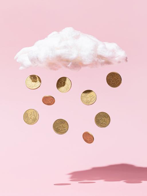Illustration: aus eine Wolke vor rosa farbigen Hintergrund fallen goldene Münzen.