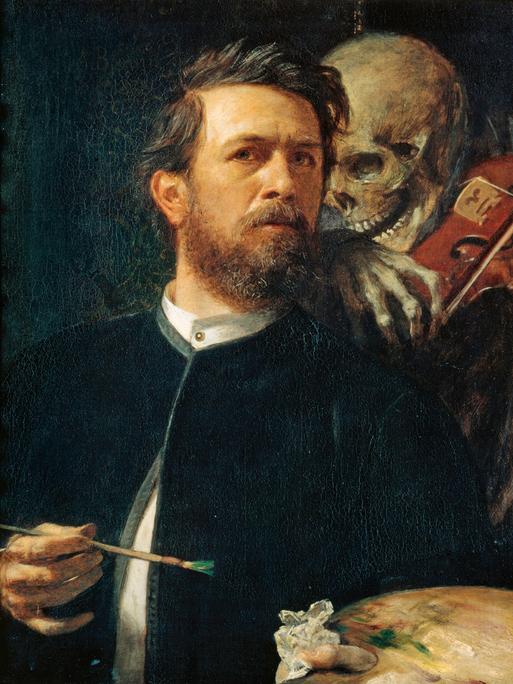 Ein Gemälde mit der Dartellung eines mittelalten Mannes mit Bart, der neben einem Skelett steht, welches  an seine Schulter gelehnt, auf der Geige spielt.