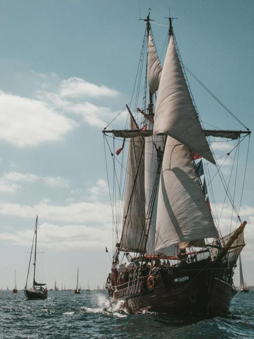 Blick auf ein historisches Segelschiff auf dem Meer.